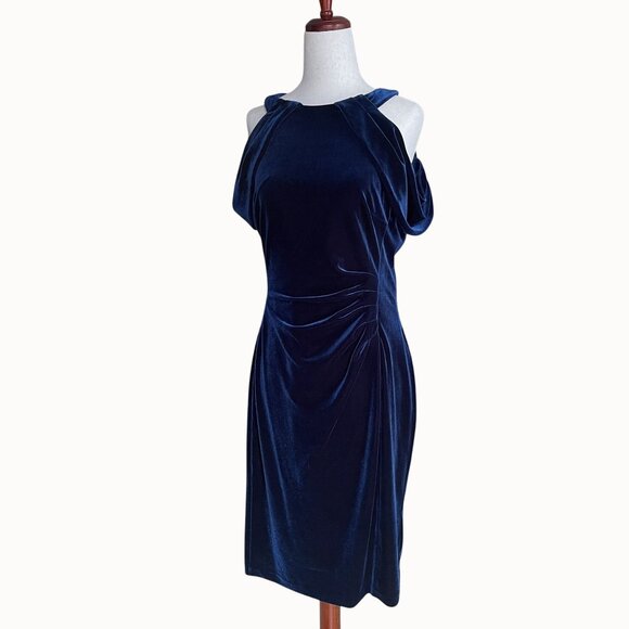 Ralph Lauren Blue Stretch Velvet Off Shoulder Midi Sheath Cocktail Dress Size 8 - Picture 8 of 11